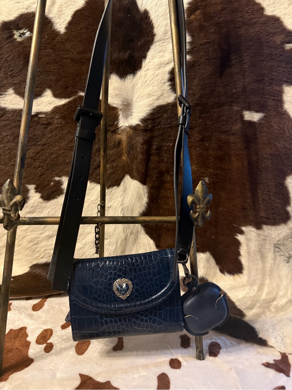 Brighton Navy Croc-Embossed Crossbody with Heart Medallion Charm